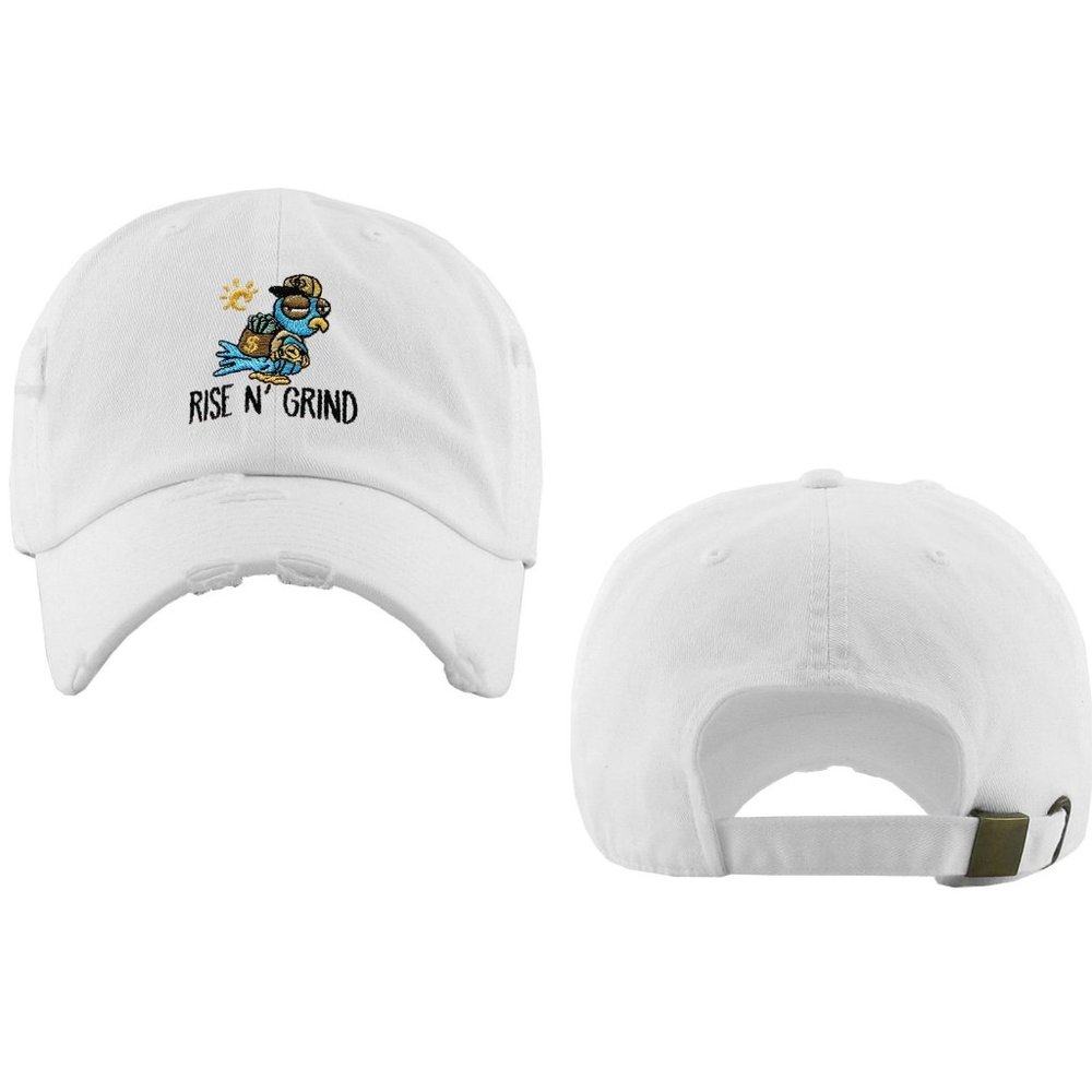Rise N' Grind White Distressed Style Dad Hat